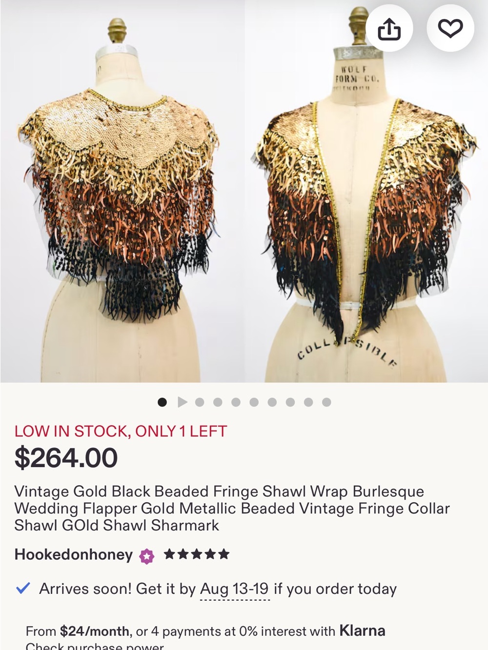 Vintage Beaded Fringe Shawl in Gold, Copper & Black